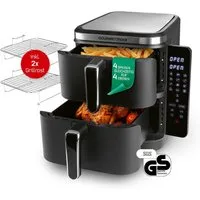 GOURMETmaxx Heißluftfritteuse FryUp Vertikaler Doppelkammer Airfryer 2x 5l, 2800 W, klappbares Touchdisplay, Fassungsvermögen 10 L,  inkl. Grillrost