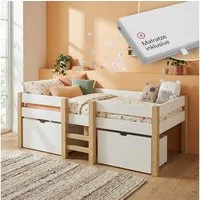 Bellabino Hochbett Aspy mit Rausfallschutz und Lattenrost 90x200 cm (natur / weiß, mit Matratze und 2 Schubladen) verfügbar in verschiedenen Ausführungen