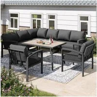 Celya Gartenlounge-Set Gartenlounges Balkon, Gartenmöbel Set für 8 Personen, Seilwerk, (mit verzinktem Eisengestell, verstellbare Beine, alle Sitz- und Rückenkissen inklusive, Grau), Möbelset für 8 Personen, Seilwerk, großer Tisch mit Holzmaserung