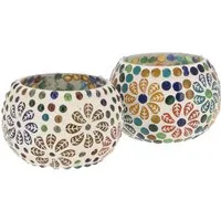 Guru-Shop Windlicht 2 handgearbeitete Glas Mosaik Windlichter,..