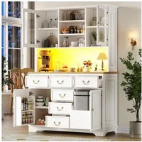 Flieks Küchenbuffet mit Steckdosen, LED-Beleuchtung und Arbeitsplatte in Holzoptik Natur (1-St., B118/T40/H180 cm) Hochschrank Küchenschrank Geschirrschrank mit verstellbare Ablagen