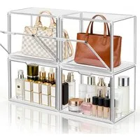XERSEK Vitrine Transparent Displaybox mit Magnettür, Acryl Schaukasten Organizer (4 Set] 36×22×27cm Stapelfähig, Horizontal oder Vertical Platzierbar) Acryl-Vitrine für Figuren, Handtaschen, Spielzeug, Handwerk, Bücher