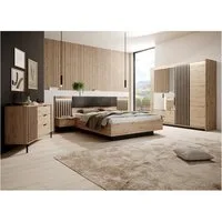 Lomadox Schlafzimmer-Set TALCA-167, (Spar-Set, 5-tlg., Bettgestell Lattenrost aufklappbar Nachtkommoden Kleiderschrank), Eiche Dekor 160x200 cm Kopfteil gepolstert LED Beleuchtung