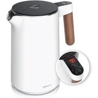 Arendo Wasserkocher Edelstahl, Doppelwand, Temperatureinstellung 40° - 100 °C mit Anzeige, 1,5 l, 2200 W, Warmhaltefunktion, 360° Basis, mit Griff in Holzoptik, BPA-frei