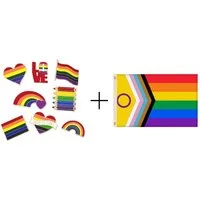 Gravidus Flagge Set 1 Flagge + 8 Anstecker 150x90 cm, Pride Anstecker Set mit Symbolen