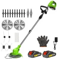 CONENTOOL Akku-Rasentrimmer 21V mit 4000mAh Akku, Verstellbarer Teleskopstiel, 15 cm Arbeitsbreite Messer, (Set, mit 4 Messertypen), Freischneider & Kantenschneider, inkl. 2 x 2.0Ah Akkus