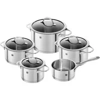 Zwilling Topf-Set Essence, Edelstahl 18/10 (Set, 9-tlg., je 1 Kochtopf Ø 16/20/24 cm, 1 Bratentopf Ø 20 cm, 1 Stieltopf Ø 16 cm), Sandwichboden sehr gute Wärmeverteilung Füllskala Edelstahlgussgriffe
