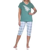 Normann Pyjama Eleganter Damen Capri Pyjama mit karierter ¾ Hose und Frontprint