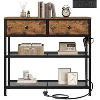 SONGMICS Konsolentisch Beistelltisch mit 2 Gitterablagen, Wohnzimmer, Eingangsbereich, Flur, mit LED-Beleuchtung, Steckdose, 2 Stoffschubladen, 30 x 76,7 x 78,7 cm