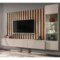 Furn.Design Wohnwand Pearl, (TV- Mediawand in Kaschmir / Sand mit Eiche Artisan, 3-teilig, 220 x 190 cm), mit Push-To-Open, inklusive LED Beleuchtung