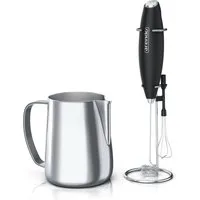 Arendo Milchaufschäumer mit Milchkännchen, Stab Handmilchaufschäumer elektrisch + Milchkanne, Edelstahl, 350ml mit Messskala, Schneebesen und Dual-Quirl