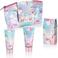 BRUBAKER Pflege-Geschenkset Dusch- und Badeset mit Einhörner mit Kirschblüten Duft, Pflegeset, 4-tlg., Einhorn Geschenkset in Kosmetiktasche für Frauen, Wellness Set