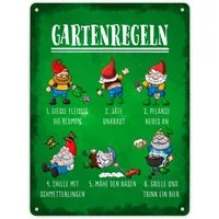 speecheese Metallschild Gartenregeln Metallschild XL in 21x28 cm mit lustigen Gartenzwergen