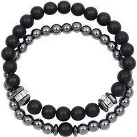 KARMA Perlenarmband Set Armband Schwarz Silber Metall Herren modern (Geschenk füf ihn), Herrenarmband Armbandset Dehnbar
