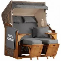 MR.DEKO Strandkorb 2-Sitzer Schleswig Pinie Braun PE Mokka, aufgebaut geliefert, BxTxH: 120x80x160 cm, 2-Sitzer, Schleswig, (Zweisitzer Strandkorb mit Bistrotischen & Fußstützen), Bereits montiert, UV-beständig, Volllieger & Edelstahl-Beschläge