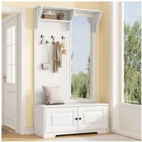 Merax Garderoben-Set mit Spiegel, (1-St., Garderobenkombination für stilvolle Ordnung im Eingangsbereich), Flurgarderobe mit 5 Haken, 2 Schränken, Regal, Schuhschrank & Sitzbank