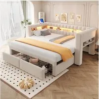 Flieks Daybett, Polsterbett 90/180×190cm mit Ausziehbett, Schubladen, LED & Aufladen