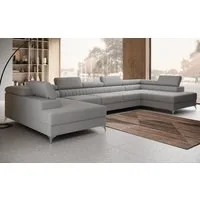 thematys Ecksofa FERMO 403 x 203cm mit Schlaffunktion & Bettkasten –, U-Sofa mit verstellbaren Kopfstützen, Samt (Monolotith), oder Bouclé (Quelle), - U-Form, XL-Wohnlandschaft, 390 cm breit