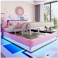 Merax Polsterbett mit LED-Beleuchtung und USB-Anschluss (Metalllattenrahmen & Samtbezug, 1-tlg., Kinderbett Einzelbett Mehrzweckbett Stauraumbett), Doppelbett 180×200cm mit hydraulischem Stauraum & Kopfteilfach, Samt