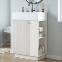 Flieks Waschtisch Waschbeckenunterschrank mit Keramikwaschbecken (55x32x87 cm, 1-St., bodenstehender Badschrank mit abnehmbarem Toilettenpapierhalter), Badmöbel-Set Badezimmerschrank mit verstellbarer Einlegeböden Weiß