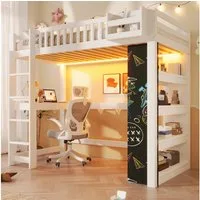 Flieks Hochbett Kinderbett 90×200cm mit Kreidetafel Schreibtisch Regal LED-Beleuchtung