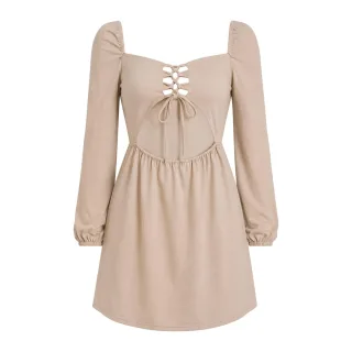 Missy Empire - "Up Front" Minikleid für Damen, Langärmlig (Hellbeige)