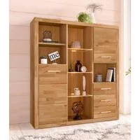 OTTO home Highboard Ribe,130cm breit145cm hoch,Fronten Massivholz,12 Fächer, Korpus aus Holzwerkstoff, Metall Griffe,Böden versetzbar