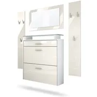 Vladon Garderoben-Set Malea, (Garderobenset bestehend aus 1 Hängeschuhschrank, 1 Wandspiegel und 2 Garderobenpaneele), Weiß matt/Creme Hochglanz