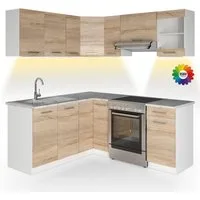 Vicco Winkelküche Rick, Weiß/Sonoma, 187 x 167 cm, AP Marmor mit LED-Leisten