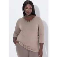 Ulla Popken T-Shirt Shirt Zierband Classic V-Ausschnitt 3/4-Arm