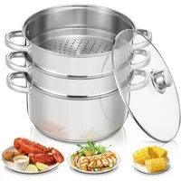 FOHERE Dampfgartopf Ø 26cm Dampftopf aus Edelstahl für alle Herdarten, auch Induktion, 3 In 1 mit Dampfeinsatz und Glasdeckel