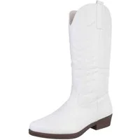 Ital-Design Elegante Damen-Stiefel mit Kunstvollem Design und Komfort Westernstiefel (90482530) Blockabsatz Flache Stiefel in Weiß