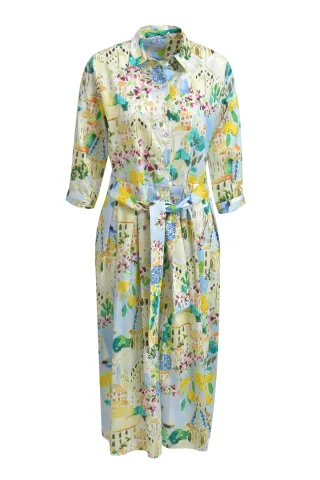 Milano Italy - shirt blouse dress w/ wide midi skirt 3/4 sleeve light blue print - Gr. - 42