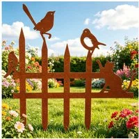 BlingBin Gartenstecker 38x38 cm Gartenzaun mit Vogel-Dekoration, Gartendeko Rost Edelrost (1er Set, 1-St., 1 Stück) Einsteck-Rasen-Lattenzaun für Landschaft Weg Blumenbeete Pflanzbereich