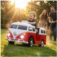 Actionbikes Motors Elektro-Kinderauto VW T1 Camper Bus Fernbedienung & Bremsautomatik 3-5 km/h, Fernbedienung mit First-Funktion, Soft-Start, Motorsound beim Starten