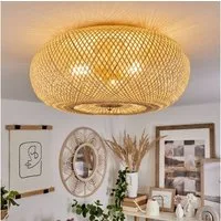 hofstein Deckenleuchte »Decollatura« runde Deckenlampe aus Holz/Metall in Natur/Messingfarben, ohne Leuchtmittel, Leuchte in Gitter-Optik, Ø46cm, 3xE27