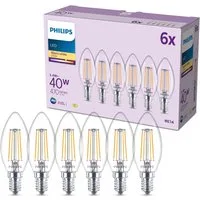 Philips LED-Leuchtmittel Lampe, 6er-Pack, 40W, Kerzenform, E14, 6 St., Warmweiß, Lange Lebensdauer, Warmweißes Licht, Klar