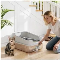 PawHut Katzentoilette Offene Katzenklo Edelstahl mit Schaufel hohem Rand, für große Katzen bis 7 kg, 60,2 x 40,2 x 29,7 cm, Grau