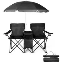 LEADZM Campingstuhl Doppel Anglerstuhl mit Sonnenschirm & isolierter Kühltasche, UV-Sonnenschirm, 5,3l Kühltasche, Becherhaltern & Tragetasche