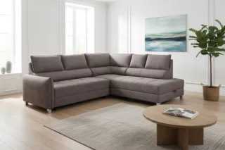 Ecksofa Schlafsofa Sofa MARNO in Stoff Chill Me Dunkelbleige Ottomane Rechts
