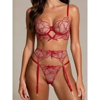 Elegant Love Set: Bügel-BH Dessous-Set mit Stickerei und Strapshaltern – Lingerie (Set, 3-tlg., Strumpfgürtel, BH, Tanga) Damen Unterwäsche Set – stilvolle Reizwäsche aus Spitze