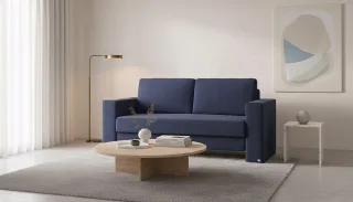 BRUNO Schlafsofa 160cm in Blau | Kubus | stabiles Massivholz & Boxspringkomfort