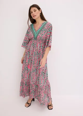 bonprix Maxikleid aus fließender Viskose, pink, Gr.36, bedrucktes Maxikleid aus fließender Viskose mit dekorativen Bindebändern mit Quasten vorne in der Taille und weitem Rock, aus Viskose