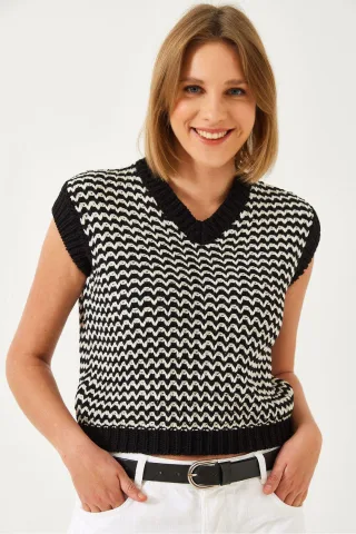 Zebra-Muster V-Ausschnitt Ärmelloser Crop Sweater-Weste