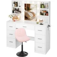 HOMALL Schminktisch Mit dreifarbiger LED-Beleuchtung, mit Spiegel, optional mit Hockern (Maße: 110 x 40 x 137 cm, mit 10 kugelförmigen Lampen, deren Helligkeit und Farbtemperatur einstellbar sind, sowie einer Schublade. Ausgestattet mit 1 USB-Anschlu