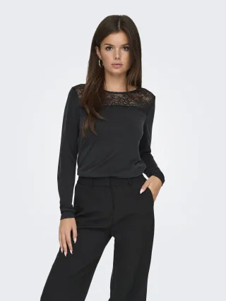 ONLY - ONLFREE LIFE L/S O-NECK LACE TOP JRS black - Gr. - S