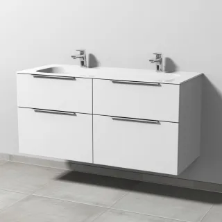 Sanipa 3way Keramik-Set Finion Keramik-Doppelwaschtisch und Unterbau mit 4 Auszügen, Weiß-Soft UM40443