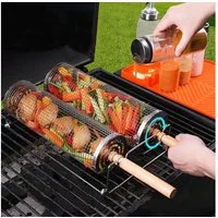FOUORTUNATE-BEE Grillbesteck-Set Rollendes Grillkorb mit Holzgriff, (2 tlg., Grillnetzrohr für Den Außengrill für Gemüse), Grillkorb Edelstahl Zylindrisch, Grill Zubehör Drehspieß
