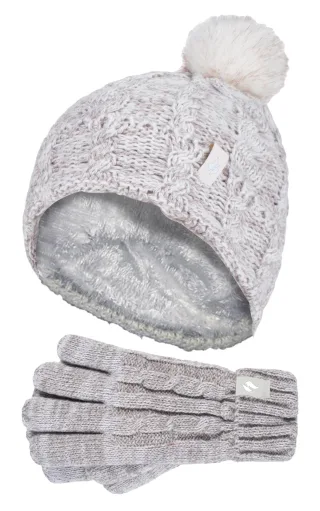 Wärmehalter - Set aus Bommelmütze und Handschuhen für Mädchen | Mütze mit umgeschlagener Manschette und Kabelstrickhandschuhe - Haferflocken-Twist