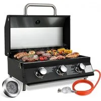 TLGREEN Camping-Gasgrill 3 Brenner Gasgrill Tragbar, Kompakter Tischgasgrill mit Emailliertem Grillrost & Thermometer, 6.6kW Camping Gasgrill für BBQ/Balkon/Garten/Außenbereich, 60x33cm Grillfläche, Schwarz/Edelstahl, 12,7kg Leichtgewicht